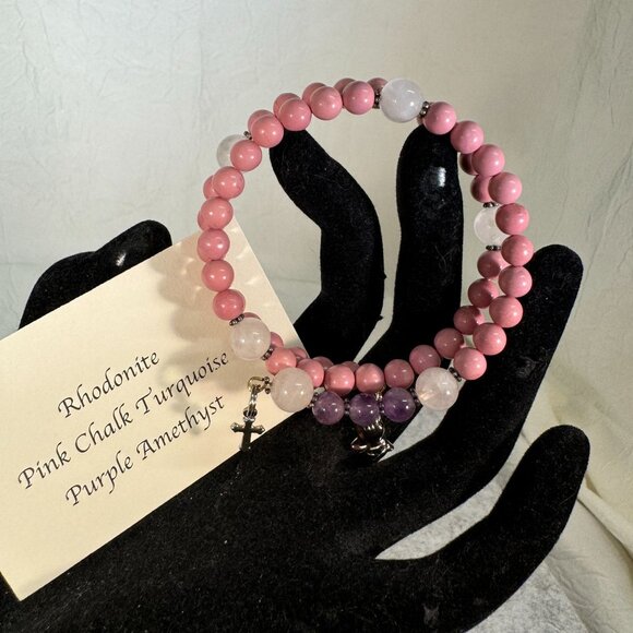Handmade Gemstone Rosary Wrap Beaded Bracelet With Cross & Praying Hands - Picture 4 of 4